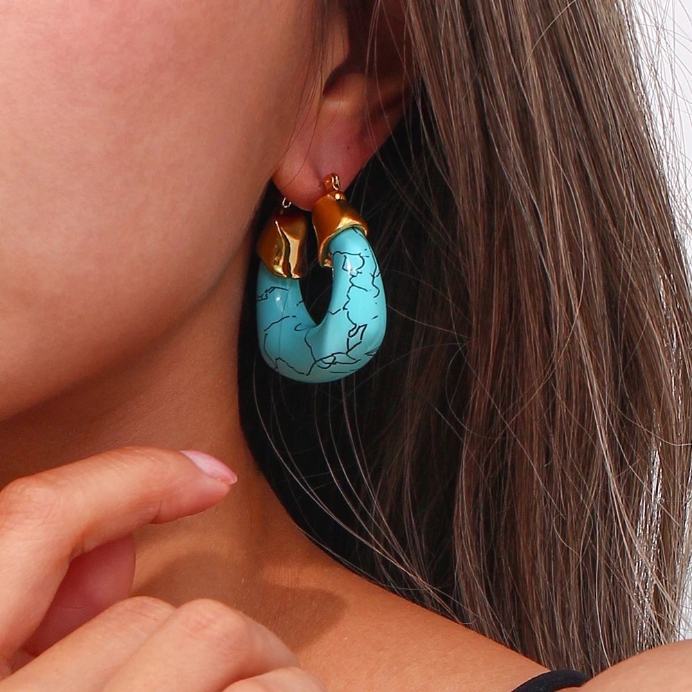 Chunky Turquoise Blue Natural Stone Hoop Earrings 18K Gold Plating Stainless